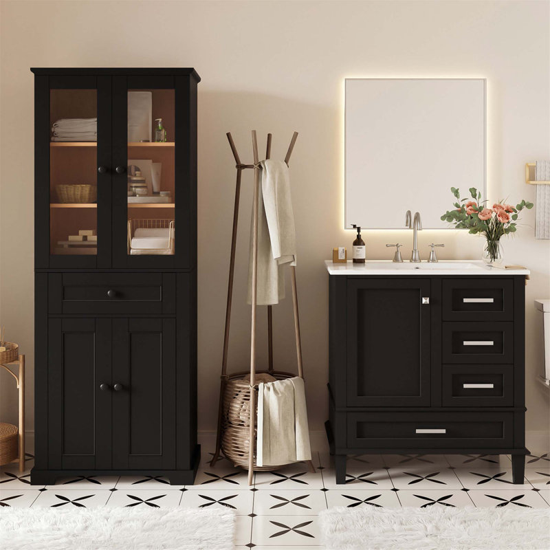 all Bathroom Storage Cabinet & 30" Bathroom Vanity with Sink Combo, Freestanding Modern Cabinet Set with Glass Doors, Drawer Storage, Adjustable Shelves