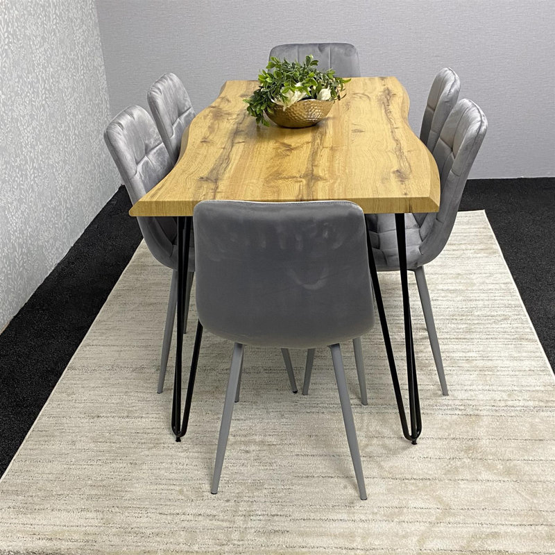 Wooden Dining Table and 6 Velvet Chairs - Stylish Dining Room Furniture, Grey, 75cm H x 117cm W x 77cm D