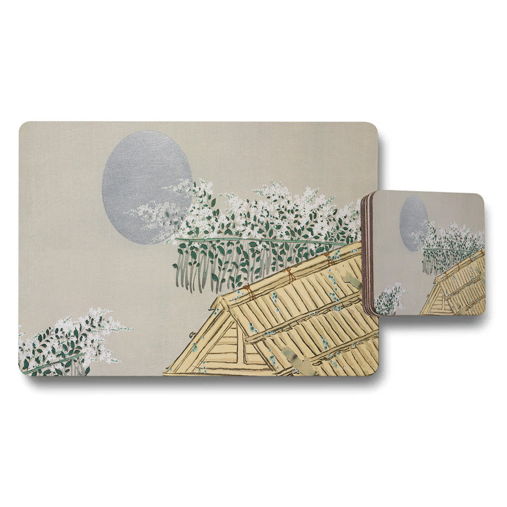 Placemat And Coaster Set With Thatch Roof And Moonlit Garden Scene