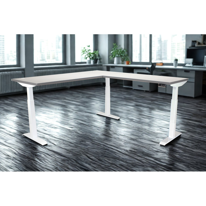 Skyline Electric Height Adjustable 66x30x48x24 L-Shape Standing Desk for Office and Home, Grey Strand Top with White Frame