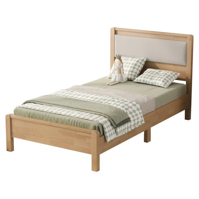 Natural Solid Rubber Wood Platform Bed with Soft Upholstered Headboard and Reinforced Central Support Legs, Stable Wooden Bed Frame with Noise Reducing Slat Structure for Bedroom Decoration