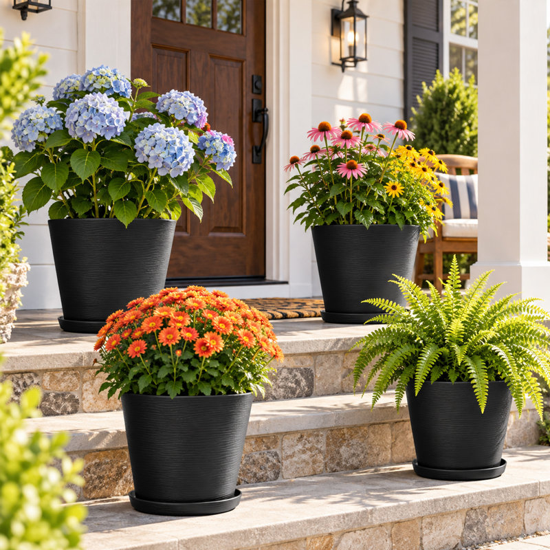 Kozyard pots de fleurs ronds d'intérieur 4Packs avec plateau récupérant l'eau pour le patio, Noir, noir, noir, noir, 4