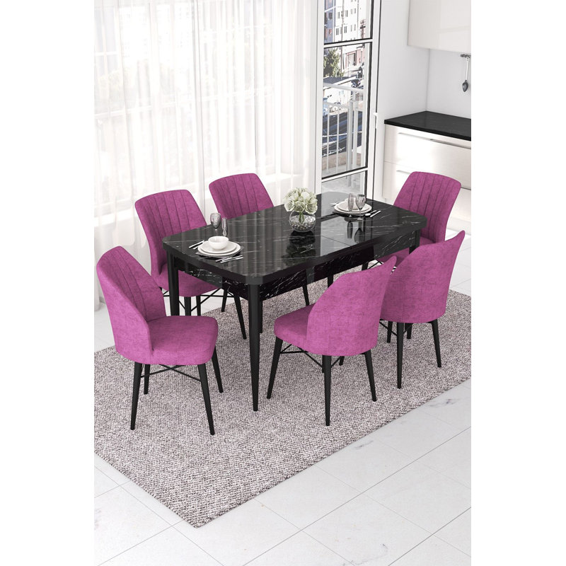 Ensemble de table et chaises de salle à manger moderne extensible (7 pièces), marbre noir et mauve | Table: 44,9 po x 30,7 po x 27,6 po (ouverture: 56,7 po) | 100% panneau de fibres à densité moyenne avec pieds en bois et structure de chaise en métal, assise en mousse confortable