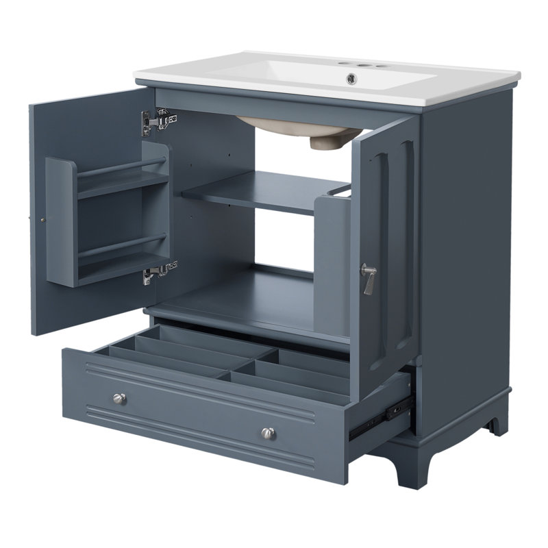 Meuble-lavabo 30 po avec lavabo en céramique, tablette réglable, armoire en bois massif, Bleu