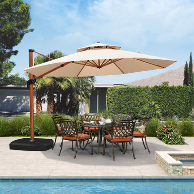 13' x 13' Round Wood Pattern Cantilever Umbrella With Wheeled Base,Beige