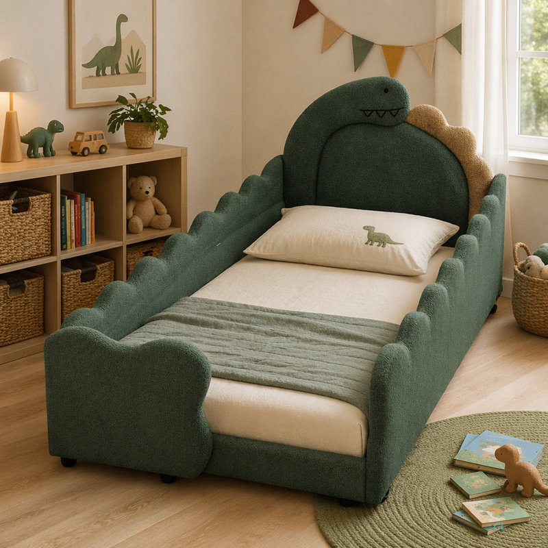 Lit pour enfant en forme de dinosaure avec barrière de sécurité, base de lit pour tout-petit en bois massif