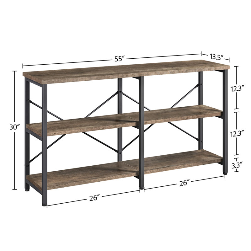 Taupe Wood and Black Metal 3-Tier Industrial Console Table with Storage