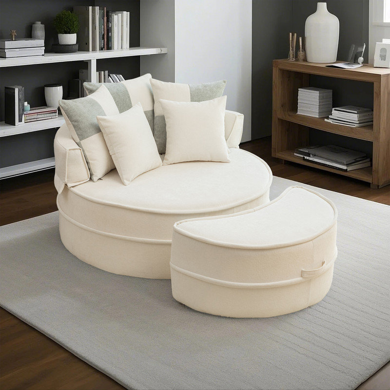 Fauteuil demi-tonneau surdimensionné avec 5 coussins et repose-pieds, Chenille beige