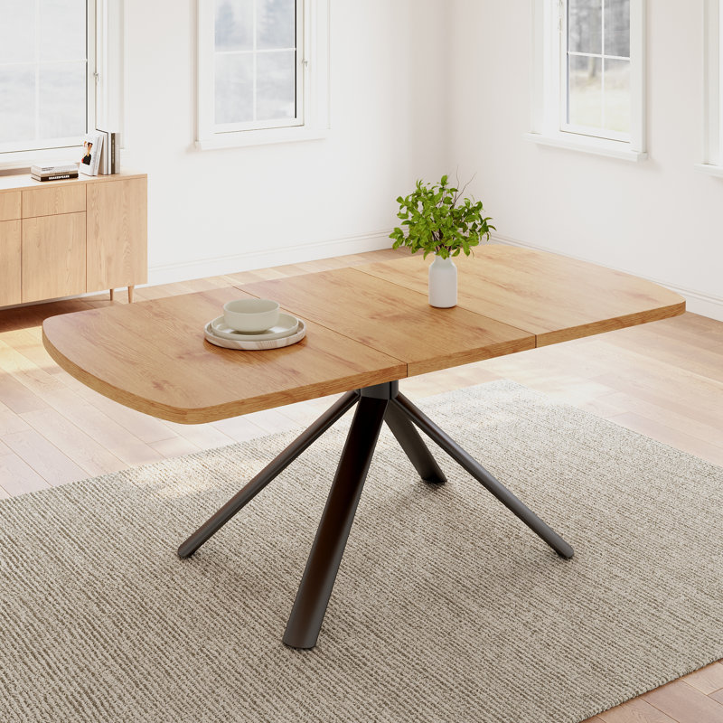 63 In. Oak  Extendable Modern Dining Table For 4-6 With Carbon Steel Legs