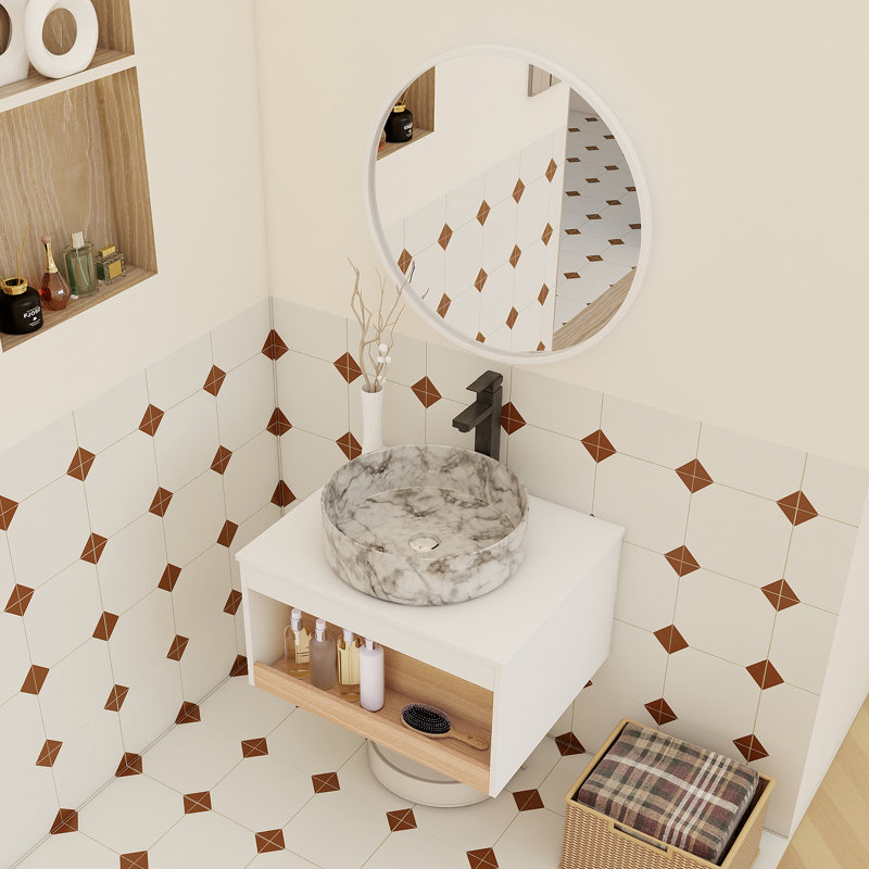 Meuble-lavabo mural de 24 pouces avec lavabo vasque en marbre veiné gris, rangement ouvert et finition blanche résistante à l'humidité pour les salles de bain modernes et compactes.