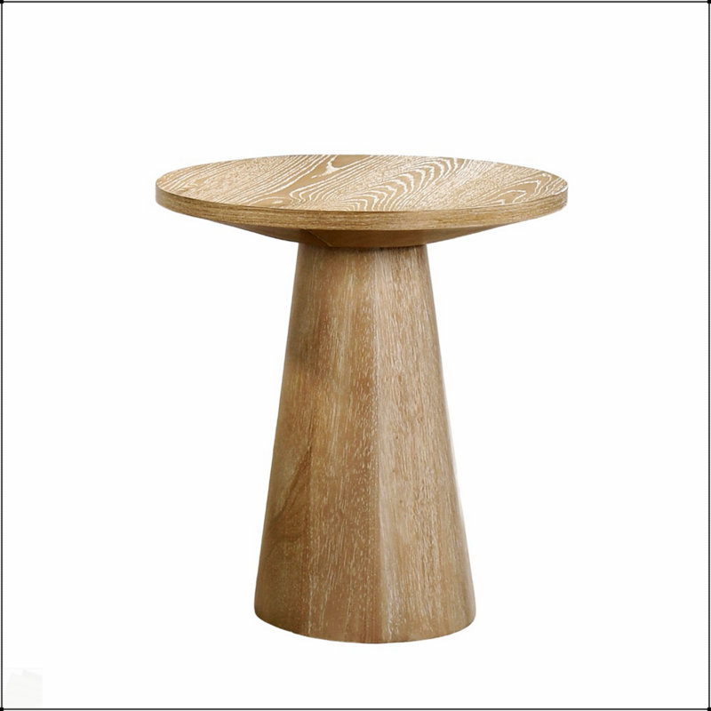Table de bout ronde à piédestal à base conique unique avec structure contemporaine en bois d'hévéa