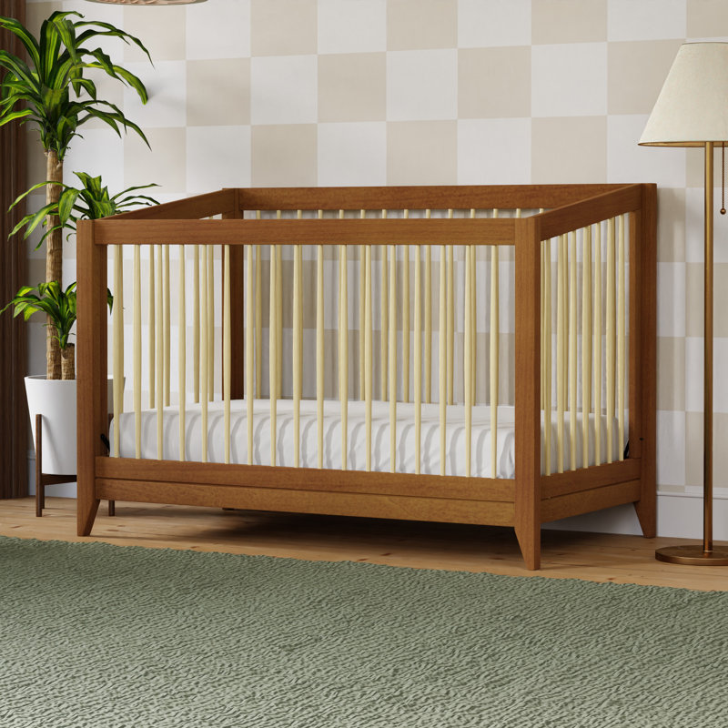 Chestnut and Natural Mid-Century Modern Convertible Crib