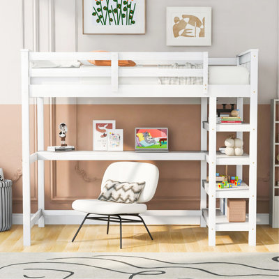 Lit mezzanine double avec tablettes de rangement et bureau sous le lit