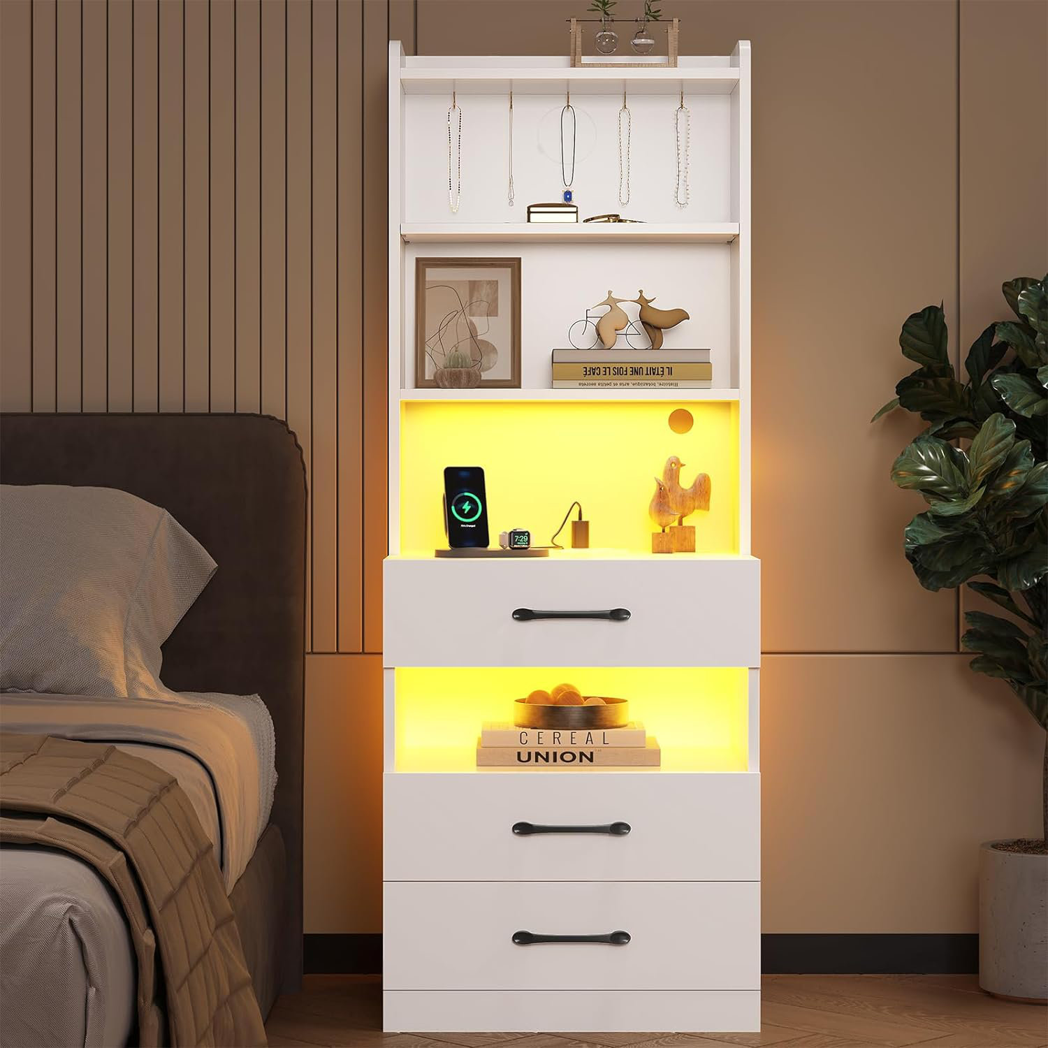 Manech Tall Nightstand with Charging Station and LED Lights