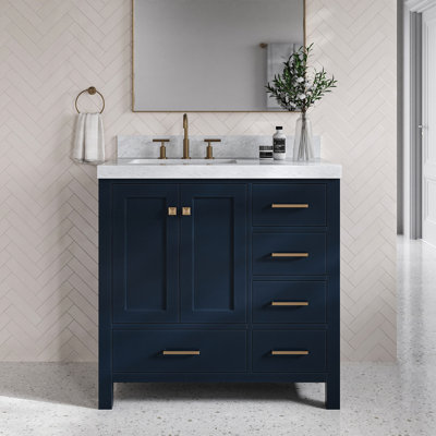 Meuble-lavabo simple en bois massif 36 po avec plateau en marbre Carrara de Cambridge 36 po Cambridge