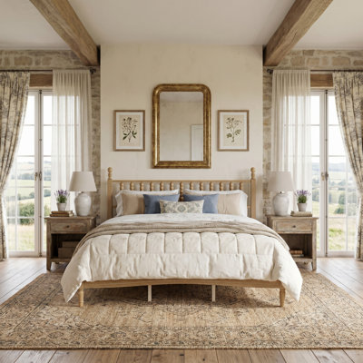 Très grand lit, finition chêne naturel: lit plateforme en bois très grand avec tête de lit en forme de gourde, cadre de lit en chêne naturel rétro, base de lit en bois robuste