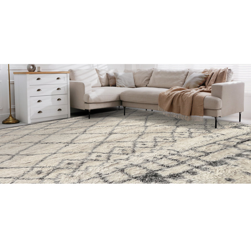 Wool Geometric Area Rug in Gray/Ivory, Rectangle 9' x 12'