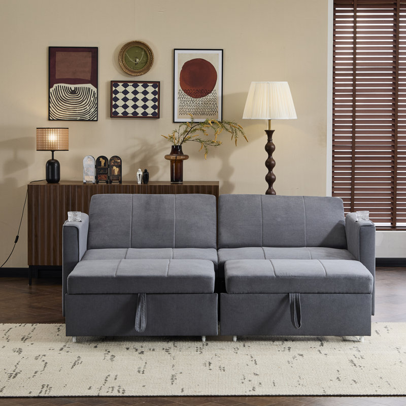 Pull Out Sofa Bed With Cup Holders, Grey