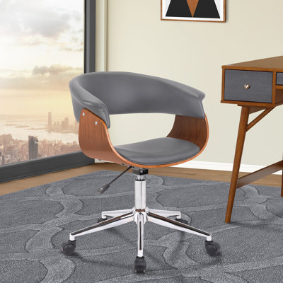 Casler Mid-Century Office Chair with Open Back in Faux Leather, Walnut Veneer and Chrome Finish