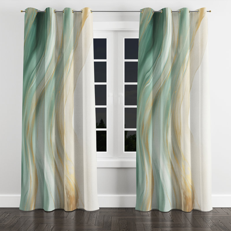 Gold And Green Soft Wave Fusion I - Modern Blackout Grommet Curtain - 1 panel, 52" W x 120" L, Golden Grommets
