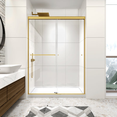 50-54" W X 72" H Double Sliding Shower Door, Framed Shower Glass Door with 1/4" (6mm) Clear Tempered Glass, Brushed Gold Finish Shower Doors with Towel Bar, Reversible Installation