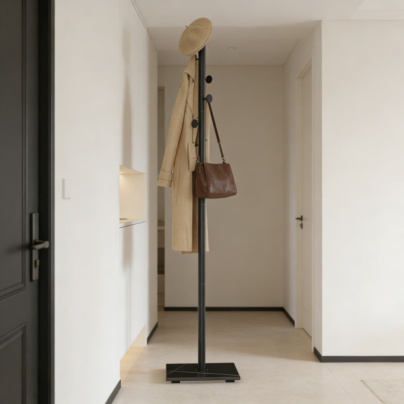 Freestanding Coat Rack With Heavy Rock Base, Modern Metal Coat Tree With 8 Staggered Hooks, Space-Saving Standing Garment Hanger Stand