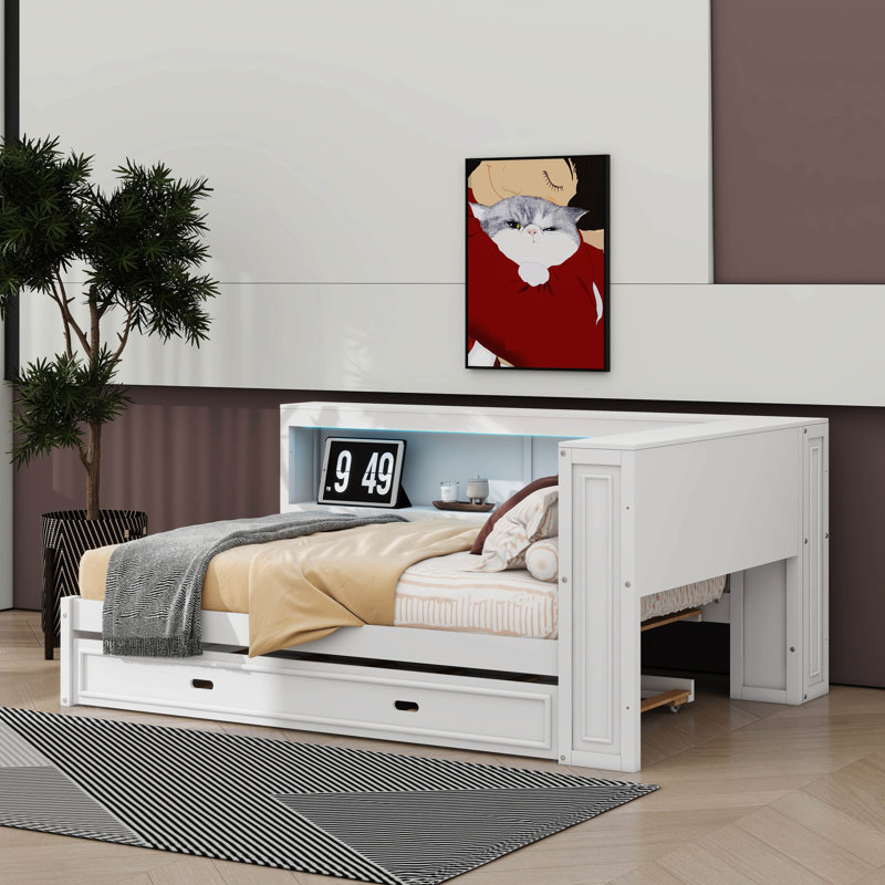 Full-Size Wooden Daybed With Built-In Shelves USB Ports LED Lighting And Pull-Out Trundle, White
