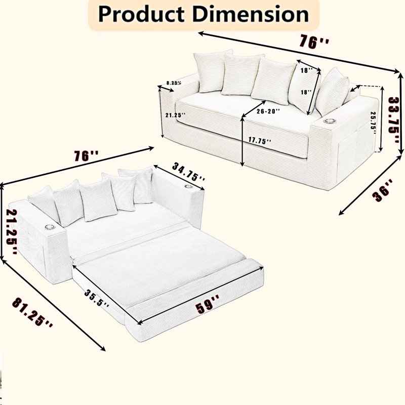 Convertible Sleeper Sofa Couch With Pillows