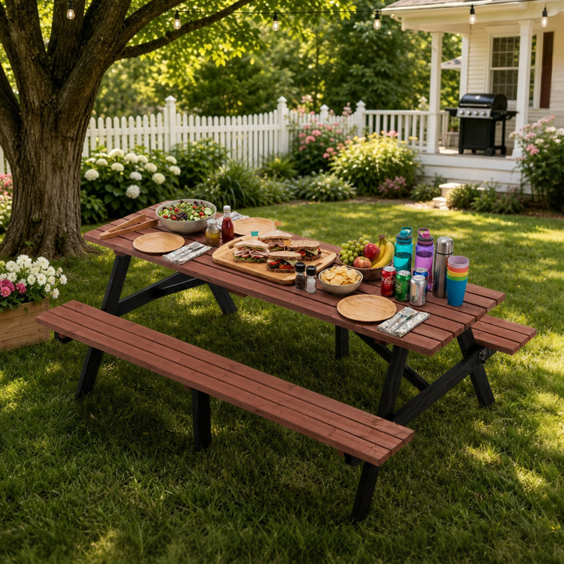 Ensemble de table de pique-nique en bois massif 75 po avec trou pour parasol