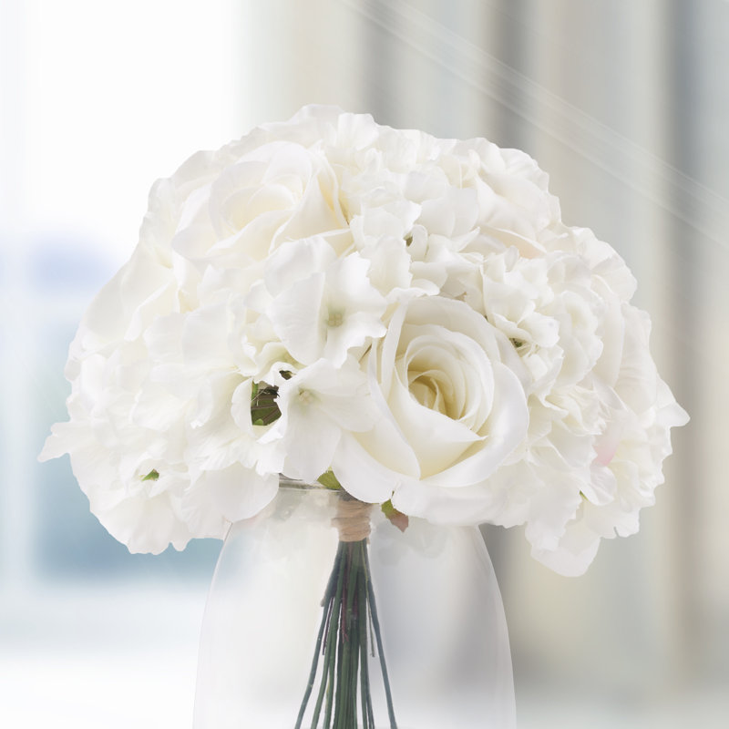 Floral Arrangement with Vase - Realistic Accent with 10 Hydrangeas and 11 Roses in Clear Glass Container with Faux Water
