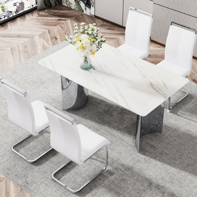 Salle à manger polyvalente avec plateau autocollant en verre marbré, 4 sièges confortables et supports stables en acier inoxydable, pouvant servir de table de présentation pour les fêtes de famille