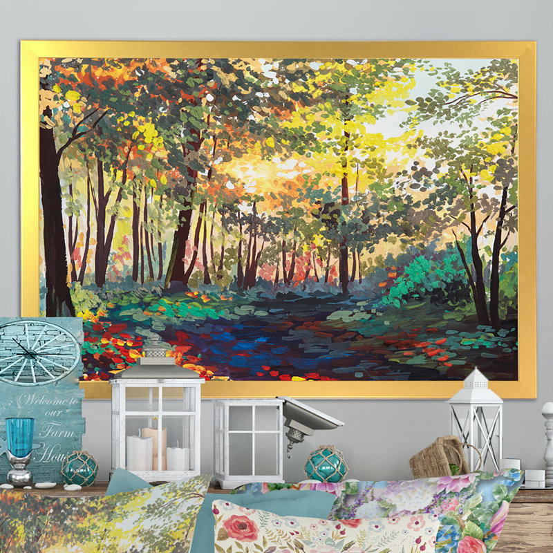 «Spring Forest Trees Under Sunset», reproduction sur toile flottante, H 24 po x l 36 po x P 1 po, Encadrement doré