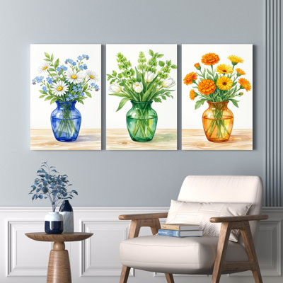 Bouquet floral, reproduction d'art sur toile tendue sur toile, ensemble de 3 pour le salon, la chambre à coucher ou la cuisine