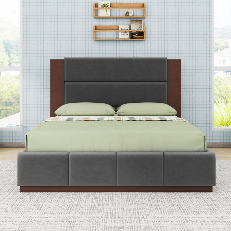 Lit plateforme tapissier avec tête de lit allongée, Gris, Grand lit