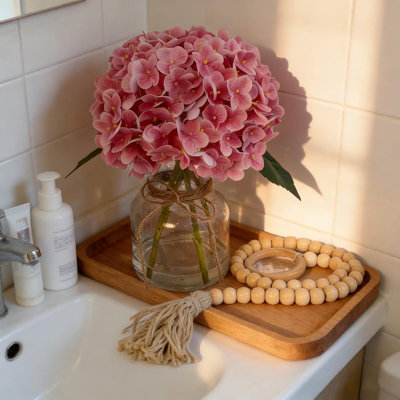 Lifelike Real Touch Hydrangea Artificial Flowers in Glass Vase with Faux Water and Wood Bead Garland – Elegant Silk Floral Arrangement for Home Decor,