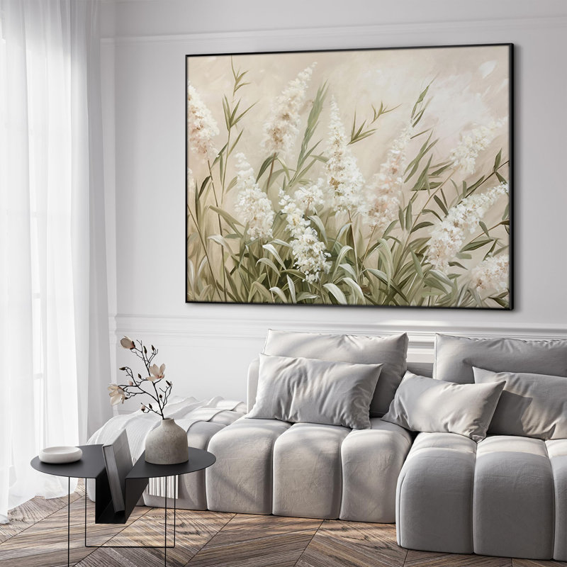 Extra Large Wall Art Fabric Print - Neutral Grass and White Flower Illustrations Artwork Decor for Living Room or Bedroom - "Frame Assembly Required (Unfinished Frame)"