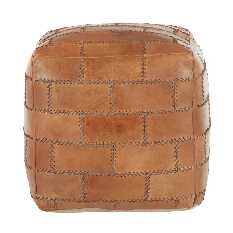 Pouf carré en patchwork en cuir brun avec rembourrage en coton recyclé