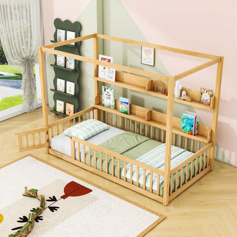 Canopy Montessori Floor Bed With Built-In Storage And Safety Slats, Natural, Twin