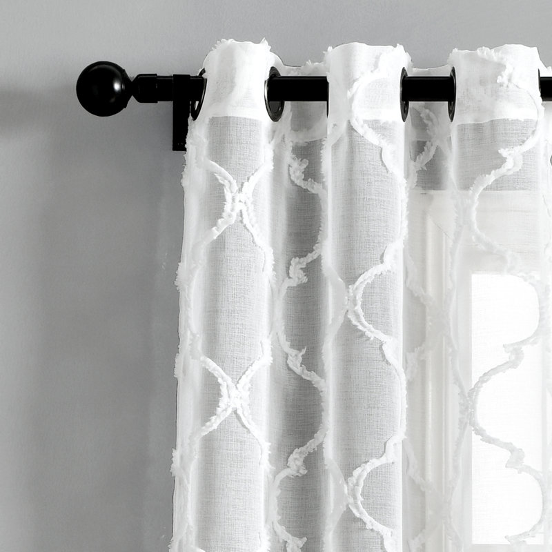 White Sheer Polyester Grommet Trellis Window Curtain Panel Pair