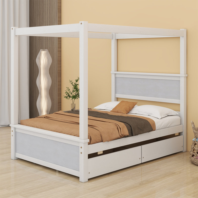 Wood Canopy Bed With Four Drawers And Support Slats