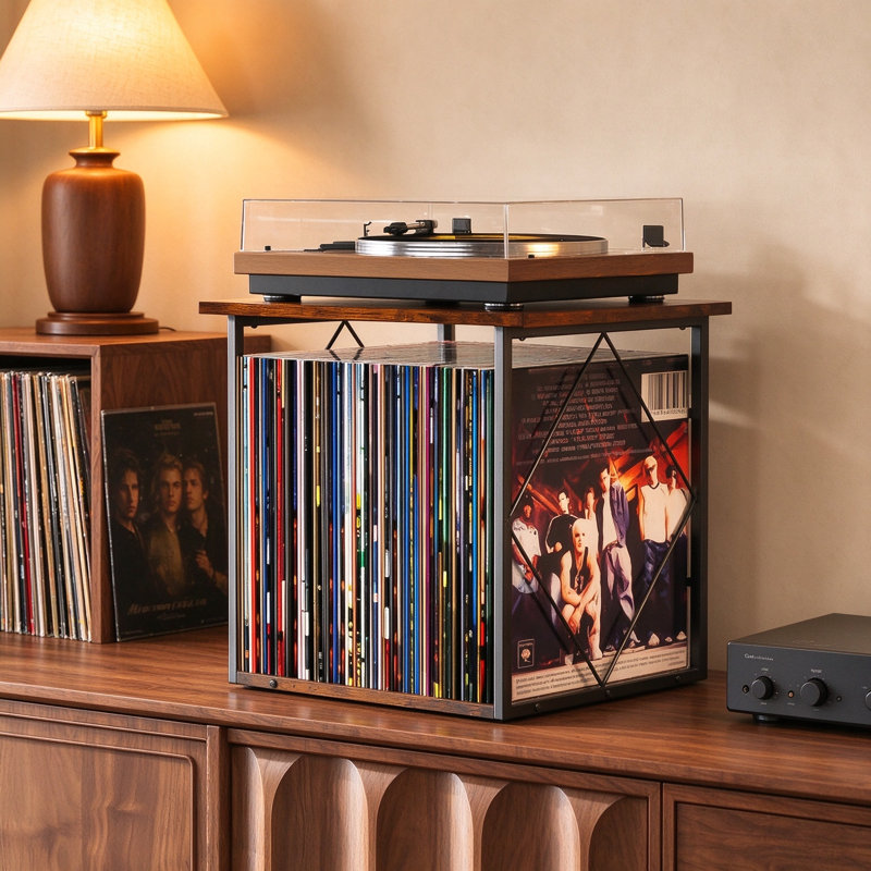 Organisateur de caisses de présentation pour disques vinyles avec plateau en bois et cadre en métal