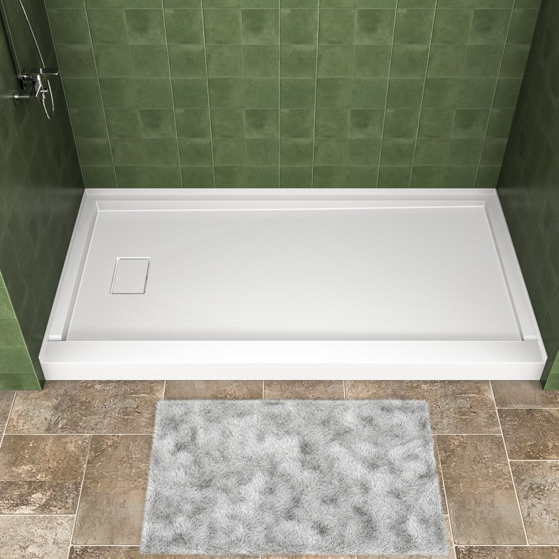  60" W x 32" D Solid Surface Single Threshold Shower Pan Base with Drain Cover Included, Textured Surface Slip-Resistant Shower Base Pan, White, Left Drain