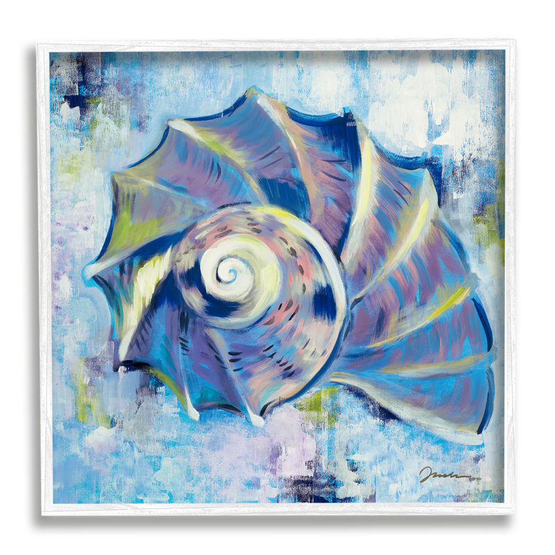 «Nautilus abstrait bleu sur bois» par Liz Jardine, peinture, H 24 po x l 24 po x P 1,5 po, Giclée encadrée blanc bord de mer