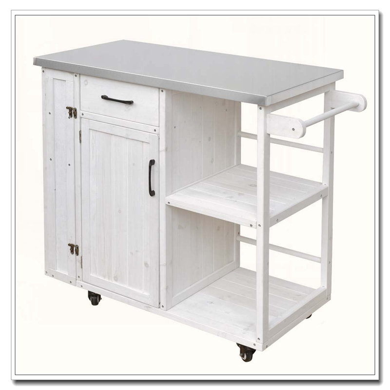 Outdoor Kitchen Island Fir Wood Prep Station Lockable Kitchen Cart with Stainless Top, Ample Storage Space, White