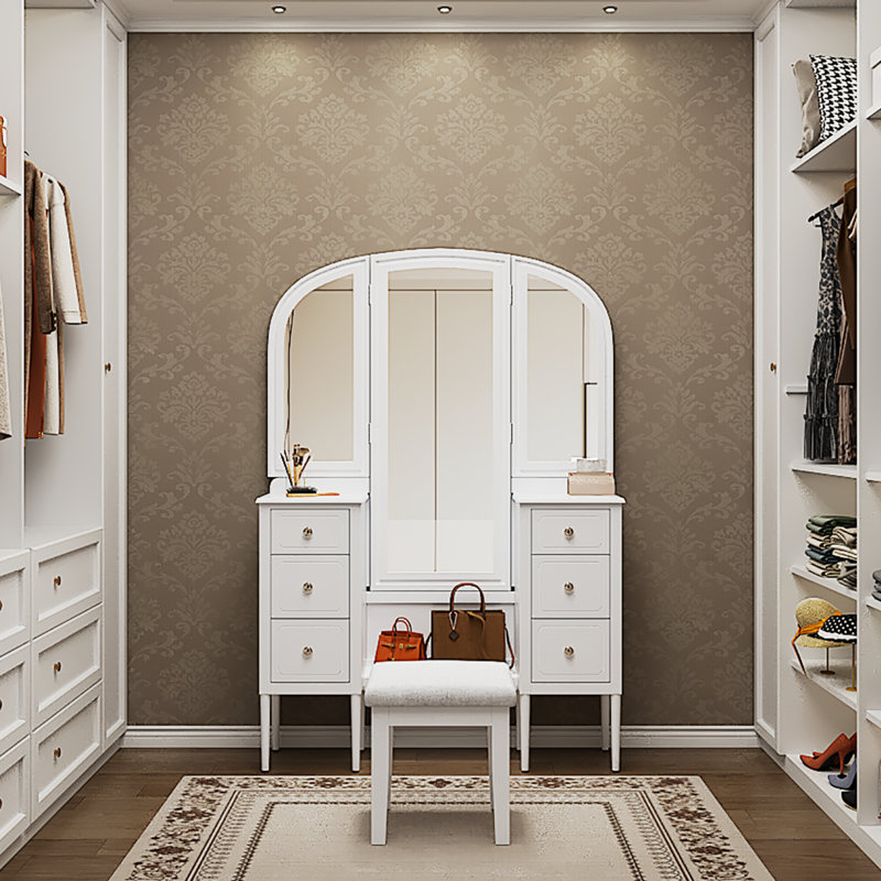 Antique Style Makeup Vanity With Triple Mirror, 6 - Drawer Storage Solution, Comfortable Stool And Full Length Mirror For Bedroom White Drawers, Upholstered Comfort Dressing