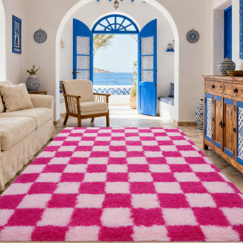 Plush Checkered Shag Area Rug - Soft Fluffy Hot Pink Grid Fleece Carpet for Living Room, Bedroom, Dry-Clean Only, High-Pile Shaggy Rug with Modern Checkerboard Pattern, Cozy Non-Slip Floor Decor for Contemporary Home Spaces
