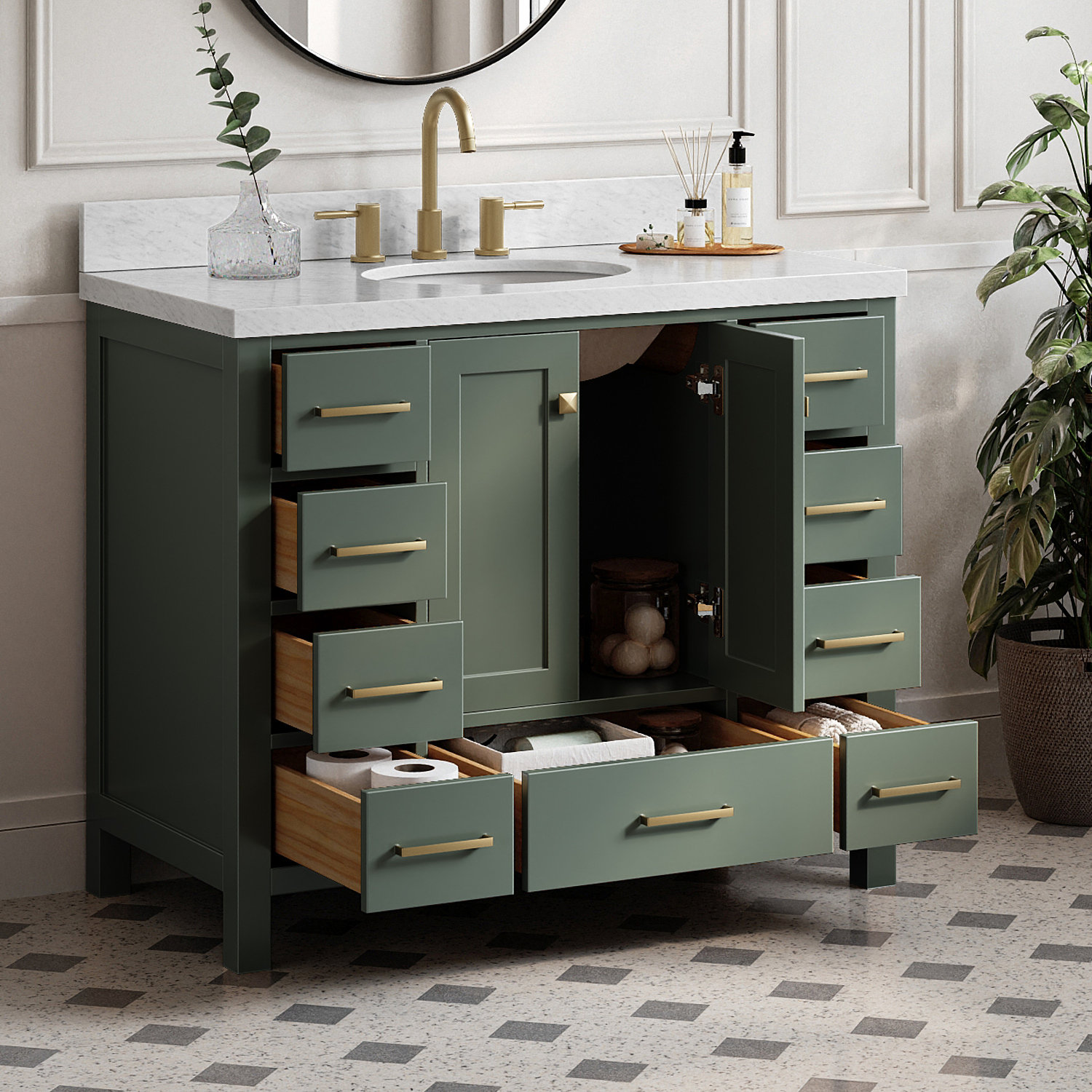 Cambridge 43'' Single Bathroom Vanity, Oval, Vintage Green / Satin Brass