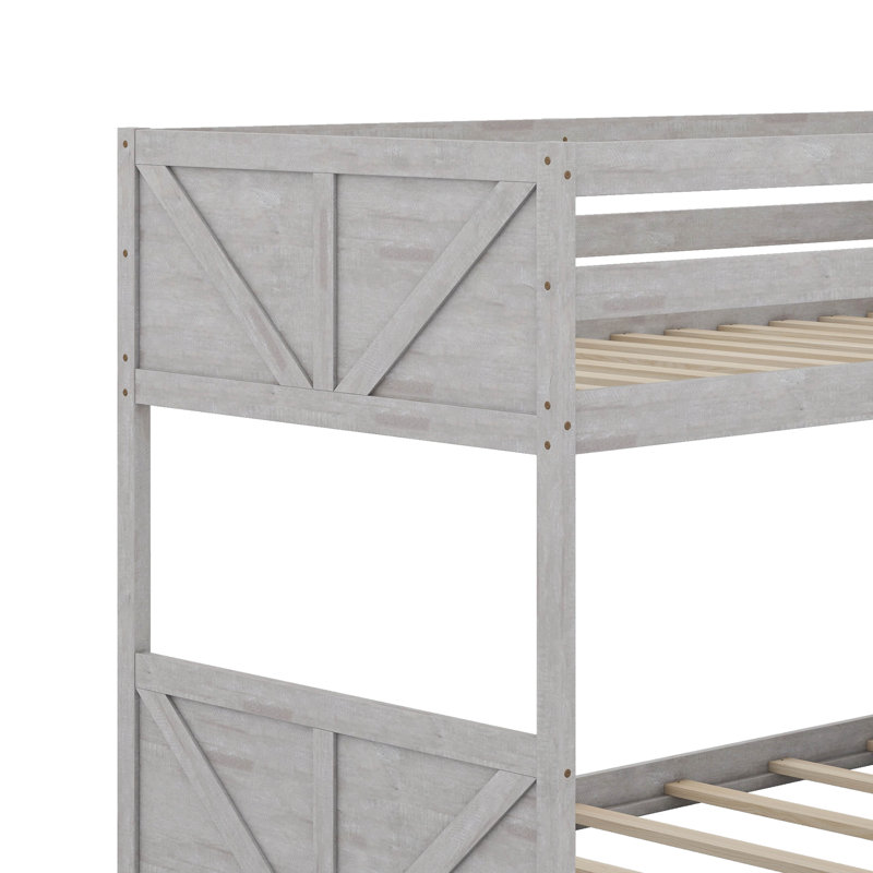 Twin Over Twin Floor Bunk Bed With Panelled Headboard And Footboard, Antique White