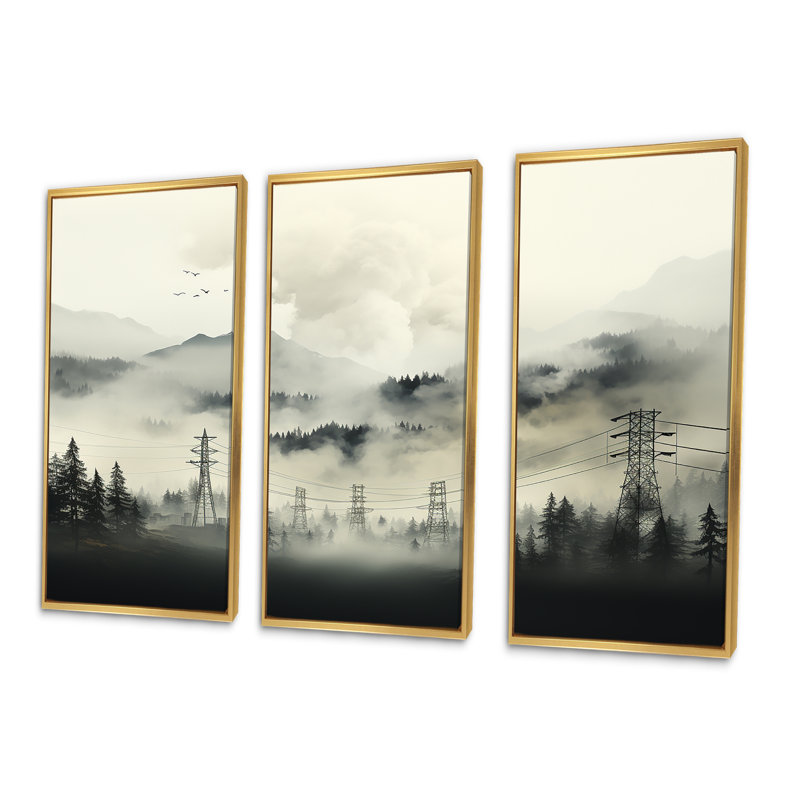 Stormy Ebony Edges Power Lines Fog Mountains - ensemble d'art mural lignes électriques, Cadre flottant doré