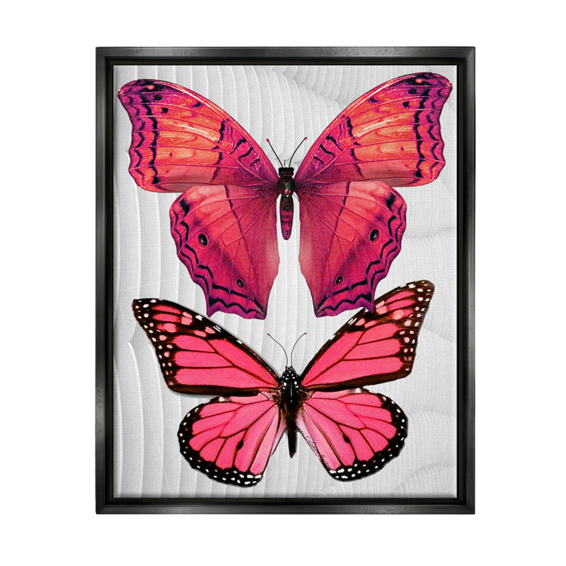 Papillons roses modernes encadrés sur bois, impression, Cadre flottant noir de jais, H 21 po x l 17 po x P 1,7 po